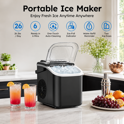Countertop Ice Maker Machine with Handle, 26 lbs/24H, 8 Cubes in 6 Mins, Auto-Cleaning Portable Ice Maker Machine for Home RV