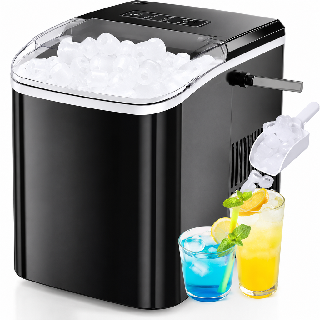 Portable Countertop Ice Maker, 26lbs/24H, 9 Cubes in 6 Mins, Self-Cleaning, Quiet for Home Kitchen RV Camping,