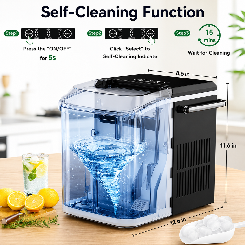Portable Countertop Ice Maker, 26lbs/24H, 9 Cubes in 6 Mins, Self-Cleaning, Quiet for Home Kitchen RV Camping,
