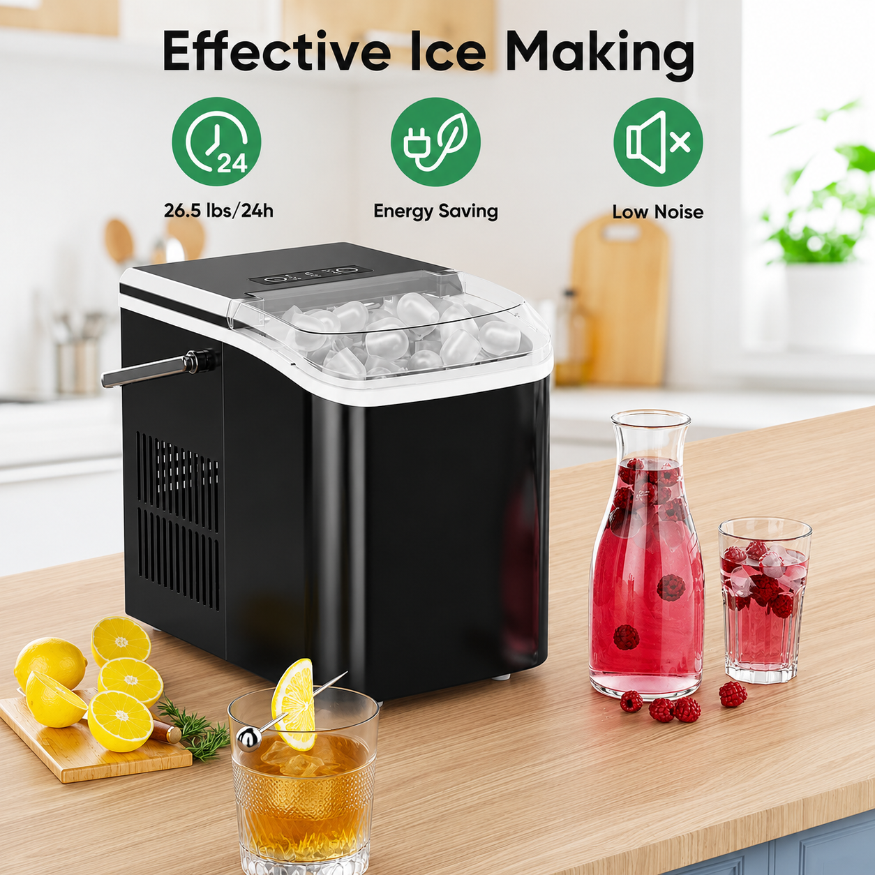 Portable Countertop Ice Maker, 26lbs/24H, 9 Cubes in 6 Mins, Self-Cleaning, Quiet for Home Kitchen RV Camping,