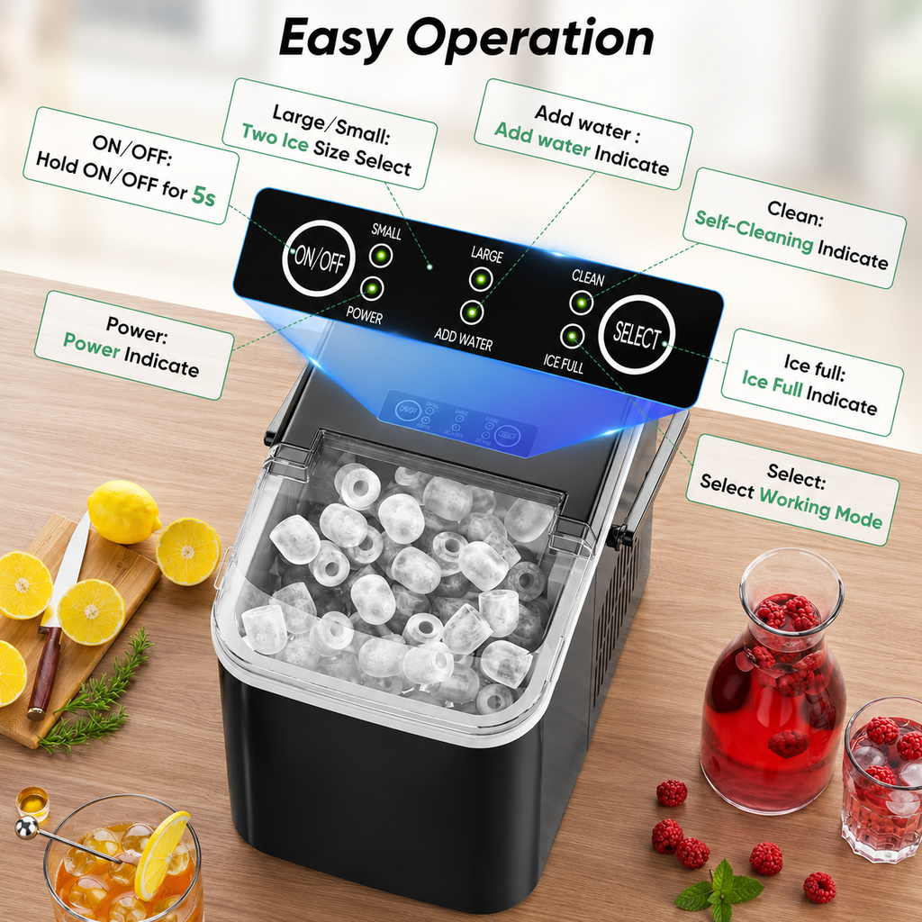 Portable Countertop Ice Maker, 26lbs/24H, 9 Cubes in 6 Mins, Self-Cleaning, Quiet for Home Kitchen RV Camping,